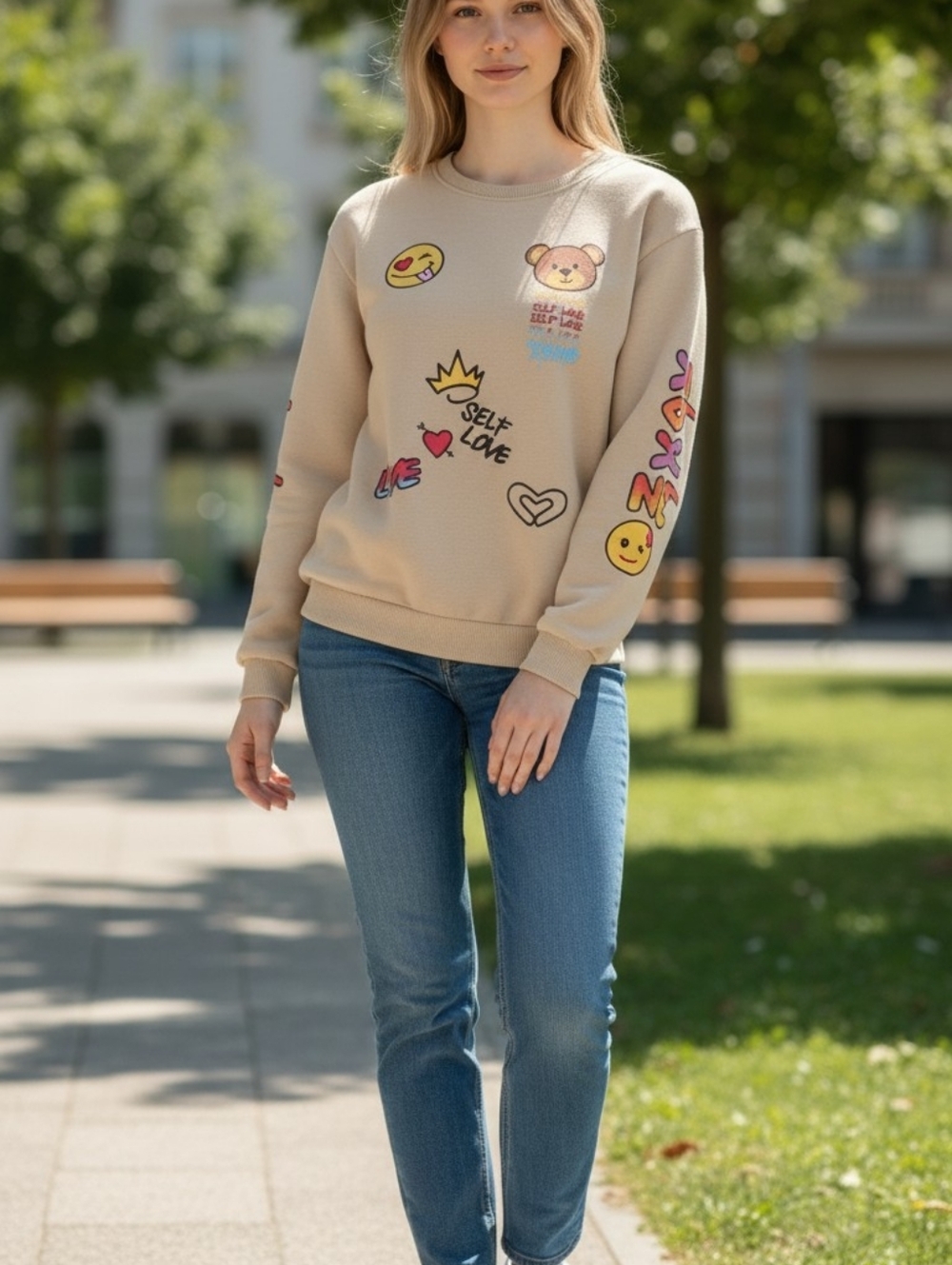 On Fire Womens Self Love Graphic Sweatshirt - Beige